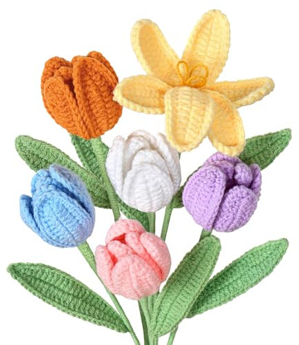 UXORSN 6PCS Crochet Flowers Bouquet Artificial Tulip Flower Bouquet Handmade Knitted Flowers Crocheted Bloom Tulips Bulk Fake Flowers Gift for Anniversary Graduation Mother's Day Wedding Decor