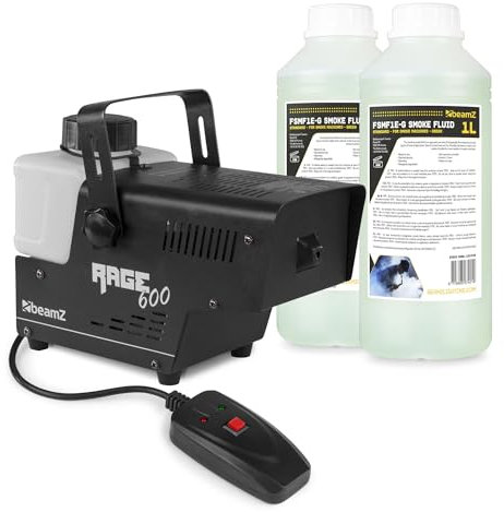BeamZ Rage 600I Pack Machine à Fumée 600 Watts avec 2L de liquide - Design Unique et Solide, Télécommande Filaire 3m pour Contrôle à Distance, Etrier de Montage, Idéal pour une Soirée de 30 m²
