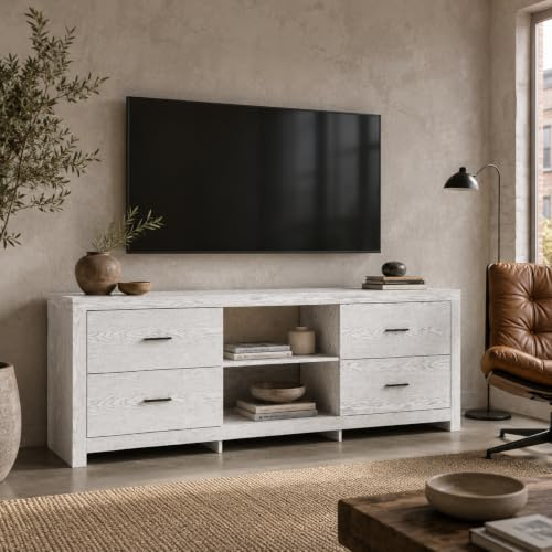PREMTURE Mueble bajo para TV de hasta 75 Pulgadas, Centro de Entretenimiento de Madera con 4 cajones, Consola Moderna de TV con Vetas de Madera, Color Blanco, 180 × 40 x 65 cm