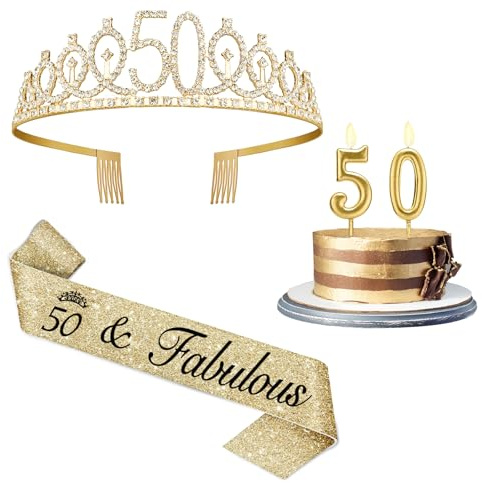 Amosking 50th Birthday Decorations for Women-Gold Sash Tiara Candles | 50th Birthday Sash and Crown, Gold Number 50 Candles, 50 and Fabulous Gifts for Women