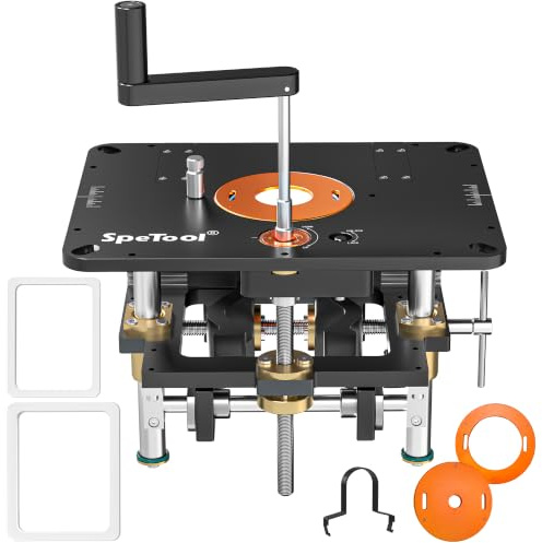 SpeTool Fräslift für Oberfräsen mit 65mm-107mm Durchmesser, oberfräsenlift aus Aluminium mit DIY-Schablone & 3 magnetischen Einsatzringen, 9-1/4” x 11-3/4” frästischplatte für die Holzbearbeitung