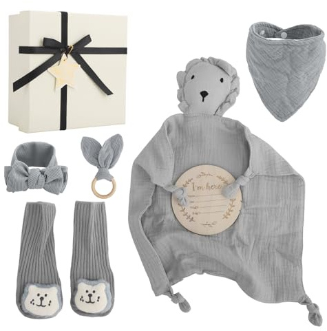 Baby Geschenkset zur Geburt–7 in 1 Neugeborenen Geschenk für Jungen & Mädchen mit Decke, Schmusetuch, Holzrassel, Lätzchen,Socken & Souvenirbox–Babygeschenke zur Geburt Mädchen Junge (Grauer Löwe)