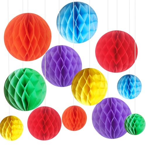 12PCS Rainbow Honeycomb Balls, Hanging Paper Pompoms Ball Decorations, 10 Inch 6 Inch Tissue pom pom Garland Birthday Party Decoration for Wedding Baby Shower Festival
