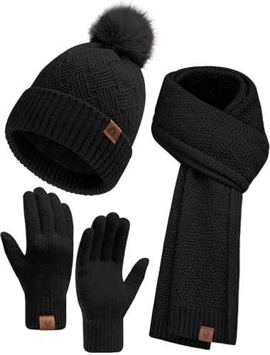 Voqeen Damen Schal Mütze Handschuhe Set Winter Warm Weich Strickschal Lang Dicker Fleece Beanie Mütze mit Bommel Touchscreen Handschuhe Geschenkset für Frauen 3 in 1 Set