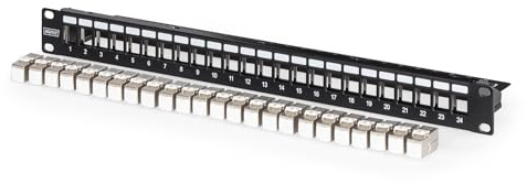 DIGITUS patch panel set – 24 ports – with 24x Keystone modules DN-93615 – 500 MHz – CAT 6A – rack mounting in 19-inch network cabinet – 1U – black