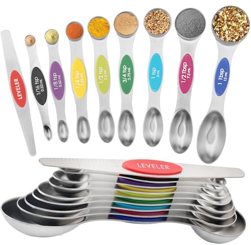 Magnetic Measuring Spoons Set of 9 with Leveler, Color-Coded Dual Sided Stainless Steel Measuring Spoon Set, Stackable Teaspoon and Tablespoon Set for Baking, Cooking, Kitchen Gadgets Dishwasher Safe