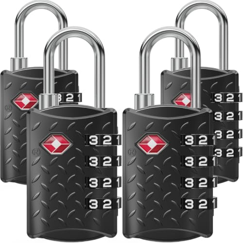 NovLock TSA Schlösser – Geriffeltes Kofferschloss mit 4-stelligem Zahlencode – Gepäckschloss für Koffer, Rucksack, Reisetasche oder Handgepäck – 4er-Pack, Schwarz
