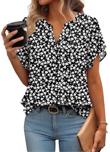 Zeagoo Blusa elegante de verano para mujer, de manga corta, de gasa, cuello en V, túnica, de malla, de doble capa, XL