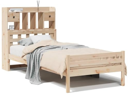HETFTJN Massivholzbett 100x200 Kiefer mit Bücherregal Kopfteil Stauraum Lattenrost Jugendzimmer Komforthöhe Langlebiges Einzelbett für Schlafzimmer Gästezimmer