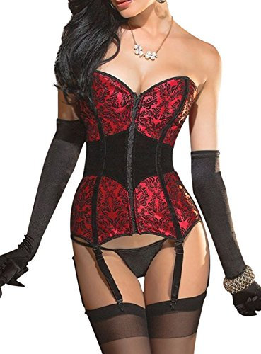 KUOSE Damen Burleske Body Shaper Mieder Vollbrust Corsage Top mit Strapshalter, Farbe Rot/Schwarz, Size 5XL