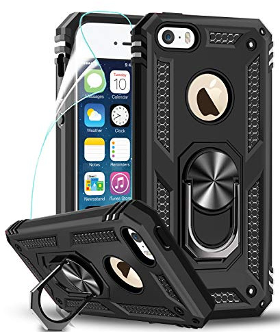 LeYi Coque pour Apple iPhone SE(2016), iPhone 5/ 5S avec Anneau Support, Double Couche Renforcée Défense Bumper TPU Silicone Antichoc Armure Housse Etui avec Protection écran iPhone SE 2016/5S/5 Noir
