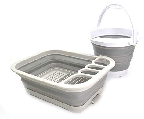 SAMMART 2-teiliges Küchen- und Outdoor-Set: Zusammenklappbares Abtropfgestell mit Abtropffläche und zusammenklappbarem Kunststoffeimer 5 l