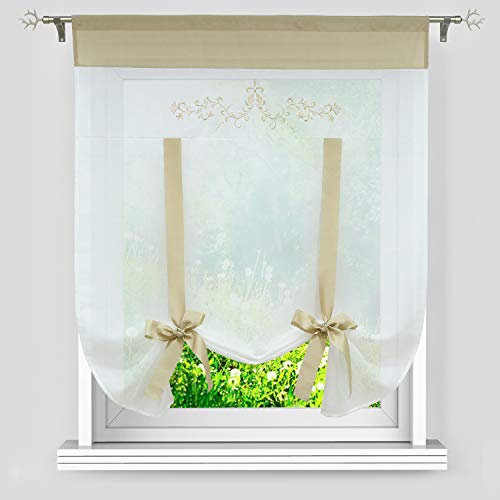 Heichkell Transparent Voile Scheibengardine Raffrollomit Tunnelzug Bestickte Raffgardine Küche Bändchenrollo Sand H×B 140×60cm