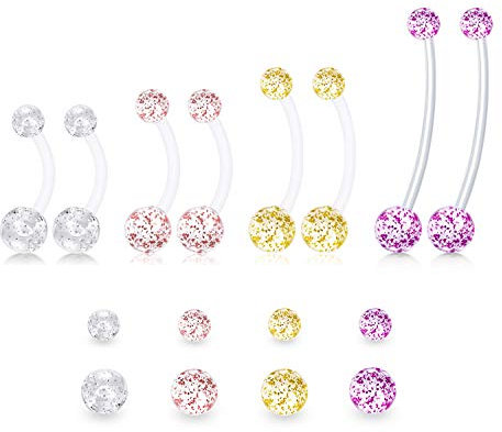 Mayhoop Schwangerschaft Bauchnabelpiercing und Ersatzkugeln Set 14/16/18/25mm Bauch Stecker Bioflex Banane Piercing Sport Flexibel Kunststoff Schwangerschaftspiercing 14G 16er Glitzerkugel