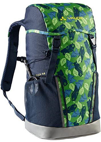 VAUDE Kinderrucksack Jungen & Mädchen Puck Blätter, komfortabler Wanderrucksack Kinder 14L, Wetterfester Schulrucksack mit Regenhülle & Lupe, viel Stauraum