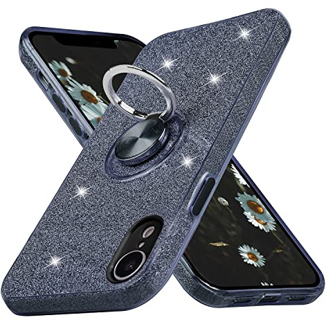 wisdompro Glitter Case for iPhone XR 6.1 Inch, Cute Bling Sparkle Protective Shockproof Phone Case Cover with 360° Ring Holder Kickstand, Anti-Scratch - Black