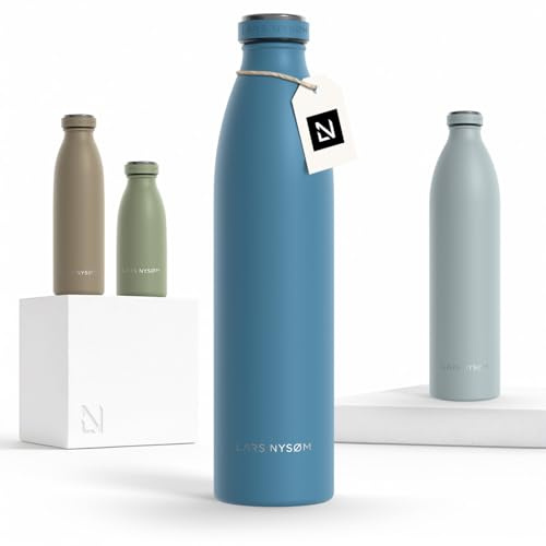 LARS NYSØM rostfri vattenflaska 350ml, 500ml, 750ml, 1L, 1,5 liter | Termosflaska lämplig för kolsyrat | Läcksäker vattenflaska för sport, utomhus (Calypso Blue, 1000ml)