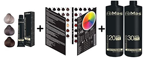 FemMas Haarfarben Starter-Set Blond: 3x Hair Color Cream Coloration in Mittelblond Intensiv 8.0, Lichtblond Asch Intensiv 9.11, Extra Platinblond Perl Asch 12.81 + Farbkarte + Oxycreme 1000ml 6%, 9%