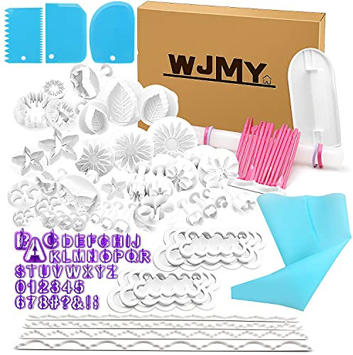 WJMY Fondant Ausstecher 103tlg Backen Fondant Set DIY Ausstechformen für Buchstaben Zahlen Rose Blume Formen Set Fondant Werkzeuge Auswerfer Stempel Modellierwerkzeug & Zubehör für Torten Deko