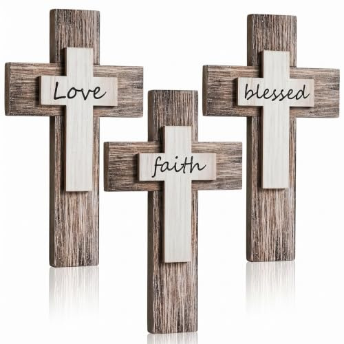 Yalikop 3 Pieces Wooden Cross Wall Decor Christians Cross Sign Faith Love Blessed Wooden Decoration Rustic Vintage Wall Art Religious Hanging Sign Inspirational Farmhouse Home Hanging Decor