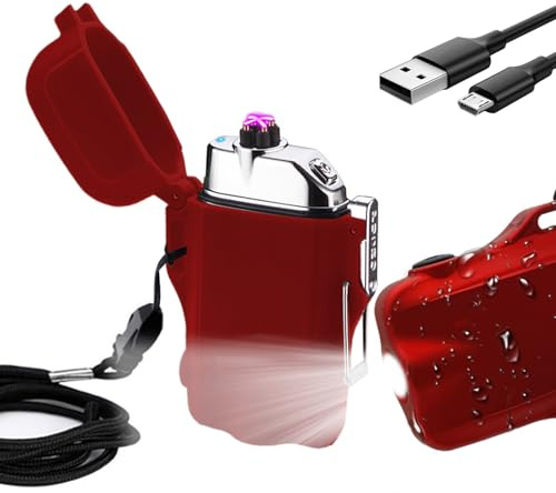 Briquet Electrique tempête étanche à Double Arc électrique avec Lampe de Poche LED, Rechargeable par USB, Briquets Plasma sans Flamme avec Cordon pour Le Camping, la randonnée (Rouge)