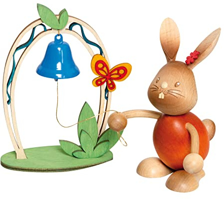 Kuhnert Drechslerei Osterdekoration/Osterhase „Stupsi Hase an Glocke“ 11 cm hoch, aus feinstem Holz, für EIN Bezauberndes Osterfest oder eine dauerhafte Dekoration, Holzkunst Made in Germany