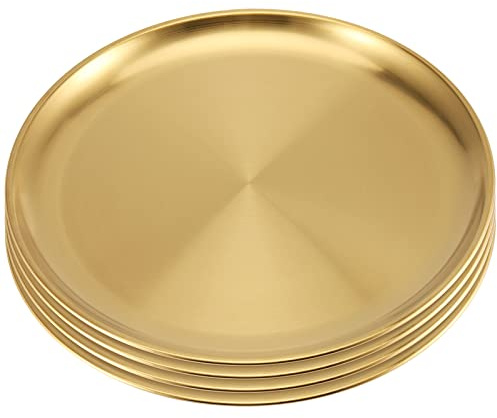 JOIKIT 4 Pack 12 Inch Gold Stainless Steel Plate, Round Metal Dinner Plates, Kitchenware Dinner Dishes Serving Tray Large Camping Plates for BBQ, Snack, Food Serving, Dishwasher Safe