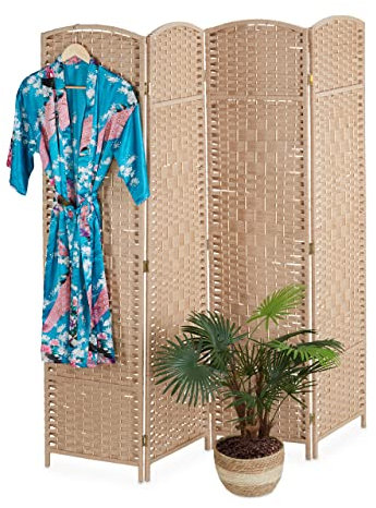 Relaxdays Paravent, 4-teilig, Raumtrenner faltbar, HxB 170x160 cm, Sichtschutz innen, Holz, Papierseil, Trennwand, Natur
