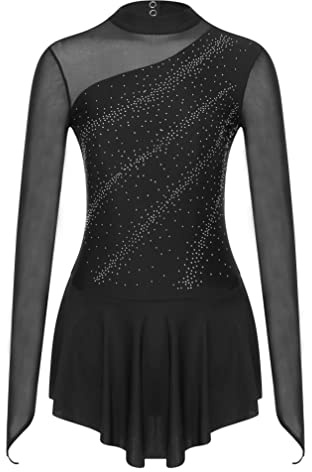 ranrann Vestido de Patinaje Artístico Lentejuelas para Mujer Manga Larga Maillot de Ballet Gimnasia Rítmica con Falda Leotardo Danza Clásica Dancewear C Negro S