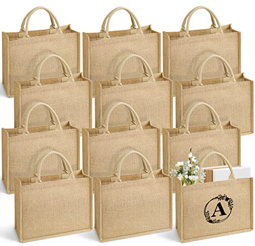 ULENDIS 12 Pack Burlap Jute Tote Bag with Handles, Large Reusable Grocery Beach Bag with 26 Iron on Letters transfers, Laminated Interior Blank DIY Crafts Bags for Bridesmaid Gift Travel Shopping