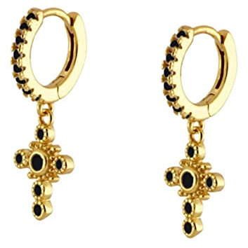 Lieson Mädchen Ohrringe, Damen Creolen Silber 925 Kreuz Zirkonia Schwarz Ohrringe mit Anhänger Gold
