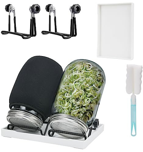 Deefongo Seed Sprouting Jar Kit, 2pcs 1000ml Wide Mouth Quart Mason Jars with Stainless Steel Screen Sprout Lids,86mm Caliber,with Tray,Stand,Shading Cloth and Canning Brush,for Making Seeds Sprouts