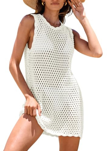 ANRABESS Womens Swimsuit Cover Up Sleeveless Knit 2026 Summer Outfits Swimwear Bathing Suit Coverup Crochet Beach Dress White Small