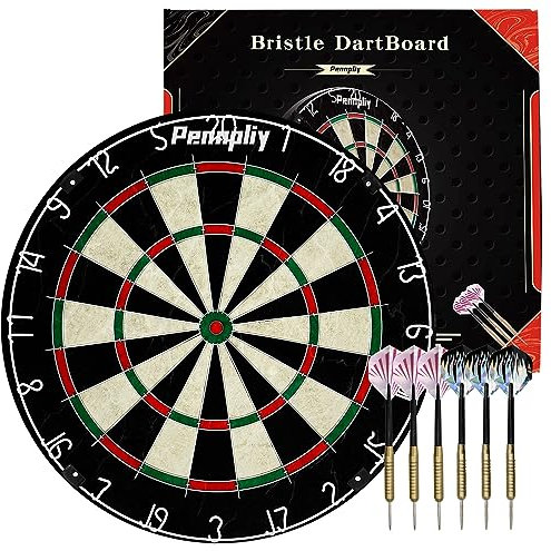 Pennpliy Bristle Dart Board Set, Professional Dart Boards for Adults 18 with Steel Tip Darts Outdoor Dartboard Set, Metal Wire Compressed Sisal Board with Rotating Number Ring Includes 6pcs Darts