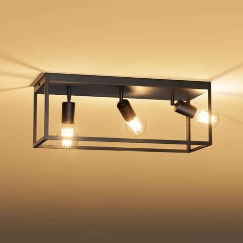 Klighten E27 Schwarz Deckenleuchte 3 Flamming, Leuchtmittel nicht Inklusive | E27 Fassung industrial deckenlampe schwarz eckig, Aluminium und Eisen, vintage Deckenlampe für Flur Schlafzimmer Wohnzimmer