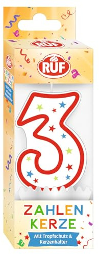RUF Vela número 3 con número 3, vela roja de cumpleaños con estrellas coloridas, vela de aniversario de alta calidad con protección antigoteo, ideal para decoración de tartas, 1 unidad
