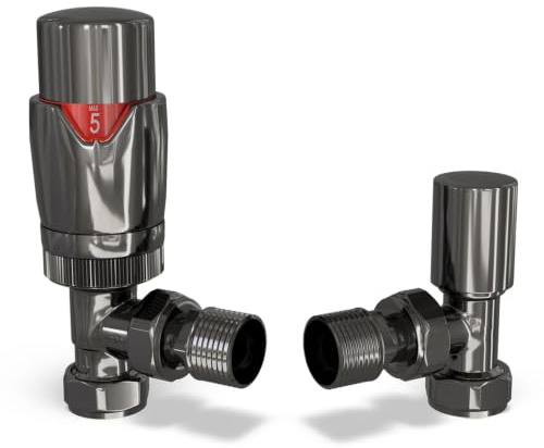 UK Radiators Thermostatic Radiator Valve Set 1/2 x 15mm - Solid Brass TRV | Polished Black Nickel Finish - Solid Brass 1/2 x 15mm Angled - Lockshield Included, Easy Installation