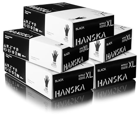HANSKA Paquete de 500 Guantes desechables de nitrilo negros – Sin polvo – Desechar – No estériles – Base de goma – Apto para ámbitos médicos, manipulación de alimentos (500, XL)