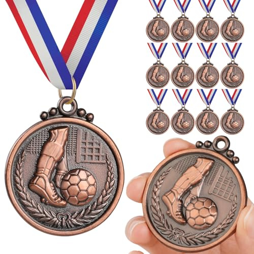GeeRic 12 Pièces Médaille de Football en Bronzeavec Rubans de Cou, Médailles de Jeu de Football Prix étoiles en Or pour Le Sport, Les Compétitions, Les Fêtes, Le Style Olympique, Le Football