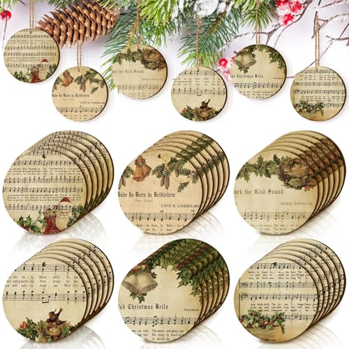 Spiareal 36 Stück Vintage Weihnachten Musik Note Hängende Ornamente Hellbraun Holz Rund Deko 36 Stück