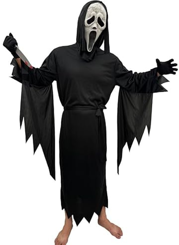 ELINA Effrayant Fantôme Visage Halloween Carnaval Scream Cosplay Costume avec Plastique Jouet Couteau et Latex Masque