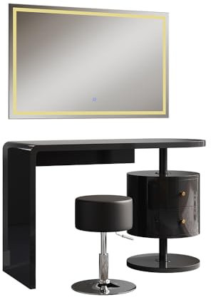 Vicco Schminktisch Lara, Schwarz Hochglanz, 120 cm mit LED-Spiegel und Hocker, Große Tischfläche für Make-up, Schmuck und Styling-Utensilien