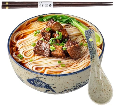 Volumoon Ceramic Japanese Ramen Bowl Set With Spoons and Chopsticks for Noodles, Pasta, Soup, Cereal, Salad