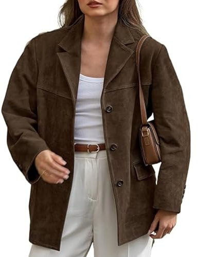 PFHHUDCV Women's Fall Fashion Suede Jacket,Brown Faux Leather Jacket Outerwear,Old Money Aesthetic Winter Oversized Blazers