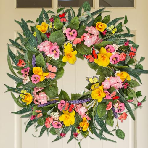 20 Colorful Butterfly Spring Summer Wreath with Impatiens Hawkeri and Green Leaves, Floral Artificial Pansy Wreath for Front Door Home Wall Wedding Farmhouse Holiday Outdoor Indoor Décor