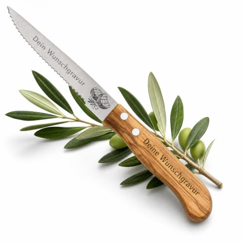 Steakmesser personalisiert, Olivenholz - Hochwertiges Solinger Steakmesser mit Wellenschliff als individuelles Geschenk