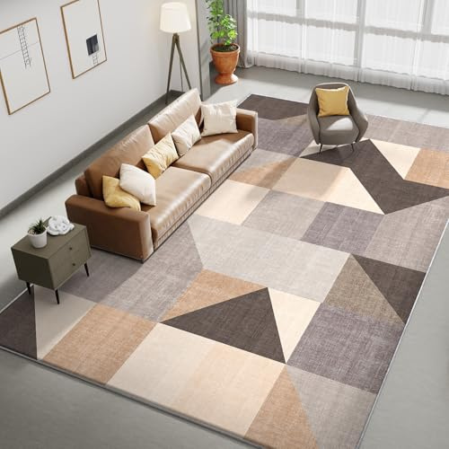 HOMFINE Moderner Teppich Wohnzimmer Braun 159x230 cm - (10mm Dicker Schwamm) Waschbarer Kurzflor mit Anti-Rutsch Unterseite, Weich Geometrisch für Schlafzimmer Esszimmer Küche