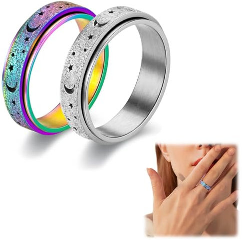 2PCS Bague Femme Acier Inoxydable Anti-Stress Fidget Ring d'Anxiété Spinner Anneaux pour Soulagement Stress - pour Femmes Hommes (N°9-argent+ multicolore)