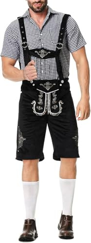 Fasheepfa Lederhosen Kostym set för män kostym set män Oktoberfest outfit komplett traditionell skjorta rutig skjorta hängselbyxor bayersk utklädning (svart 2, XL)