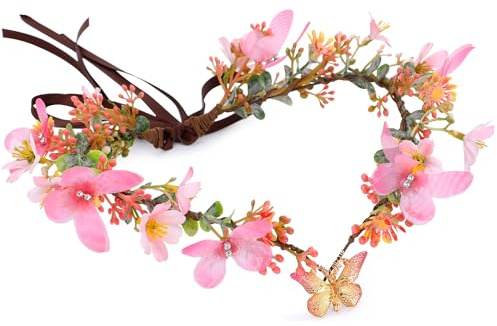 MOSTORY Schmetterling Fee Blumenkrone für Frauen Rosa Floral Kopfschmuck Elfenkrone für Frühling Hochzeit Fotoshooting